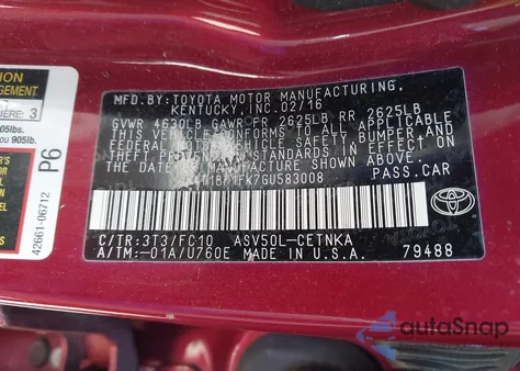 2016 Toyota Camry Le z USA, uszkodzony, nr VIN 4T1BF1FK7GU583008